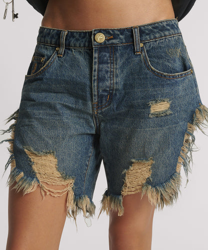 Frankies Low Waist Long Length Denim Shorts - Dirty Blue Love