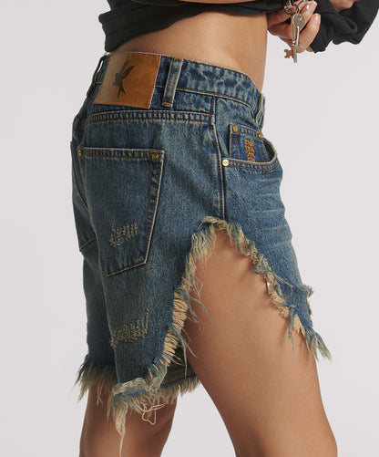 Frankies Low Waist Long Length Denim Shorts - Dirty Blue Love