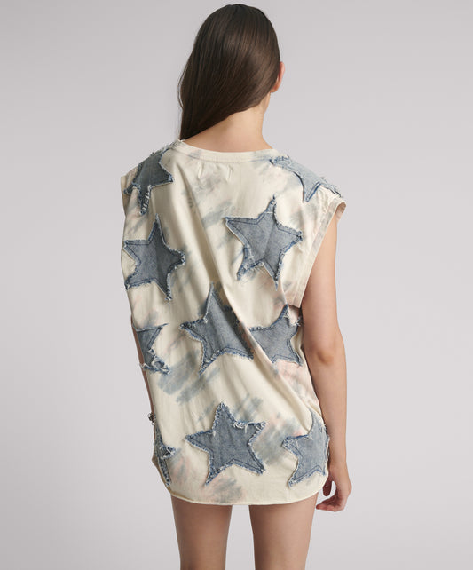 Denim Star Tie Dye Oversized Tank Top - Ivory / Blue