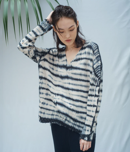 PIMA COTTON + CASHMERE ZEBRA TIE-DYE DISTRESSED OVERSIZED V NECK